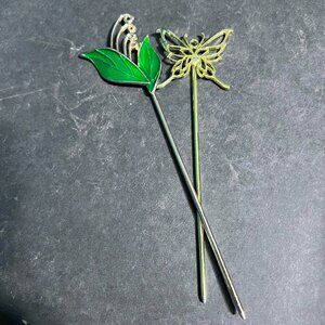 Set of 2 Cottagecore Fairycore Hair Pin Sticks Golden Metal Butterfly Leaf